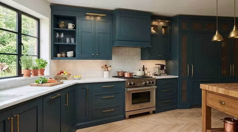 Deep teal custom kitchen with brass hardware and open shelves