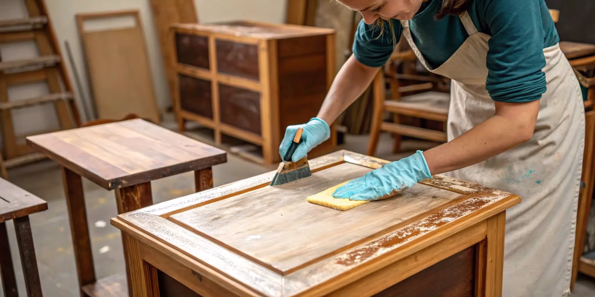 Applying finish to a tabletop on day one of the door repair process