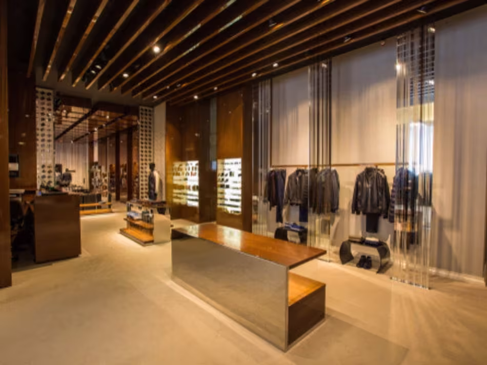Retail store fitted out with wood slat ceilings and display units