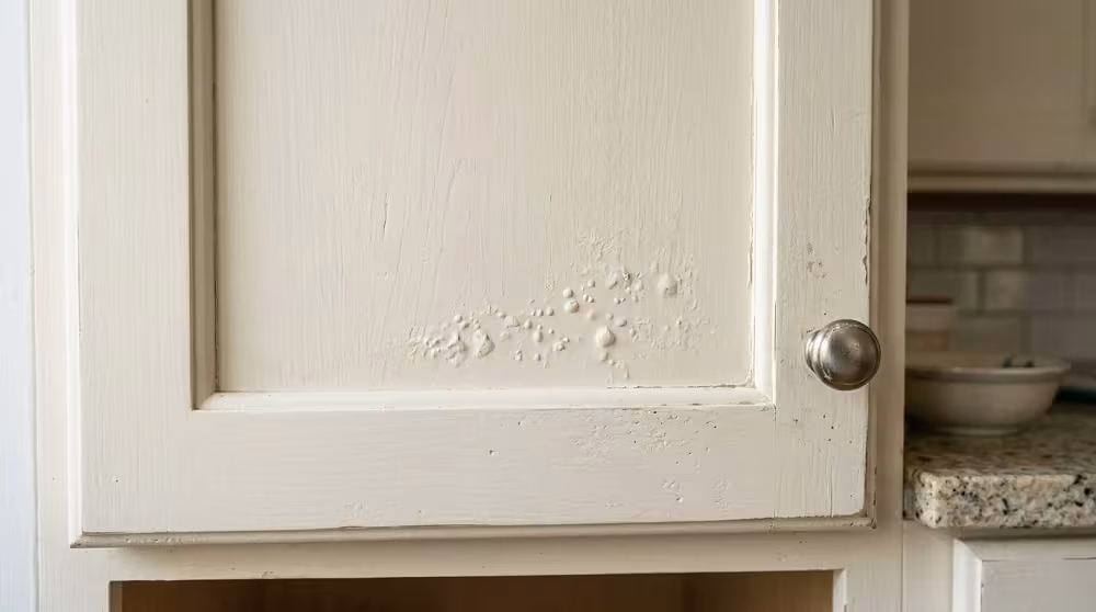 Swollen and blistered cabinet door showing water damage at the edge