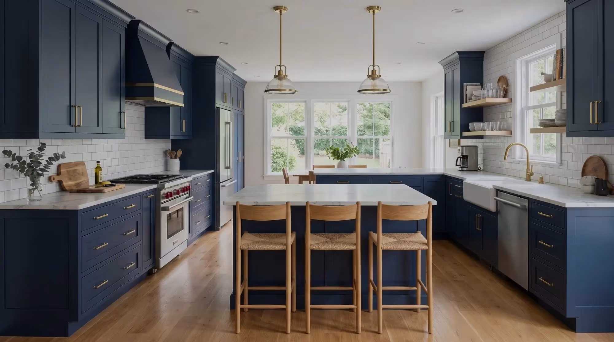 Navy blue cabinets and a wood-topped island in an Elmhurst kitchen