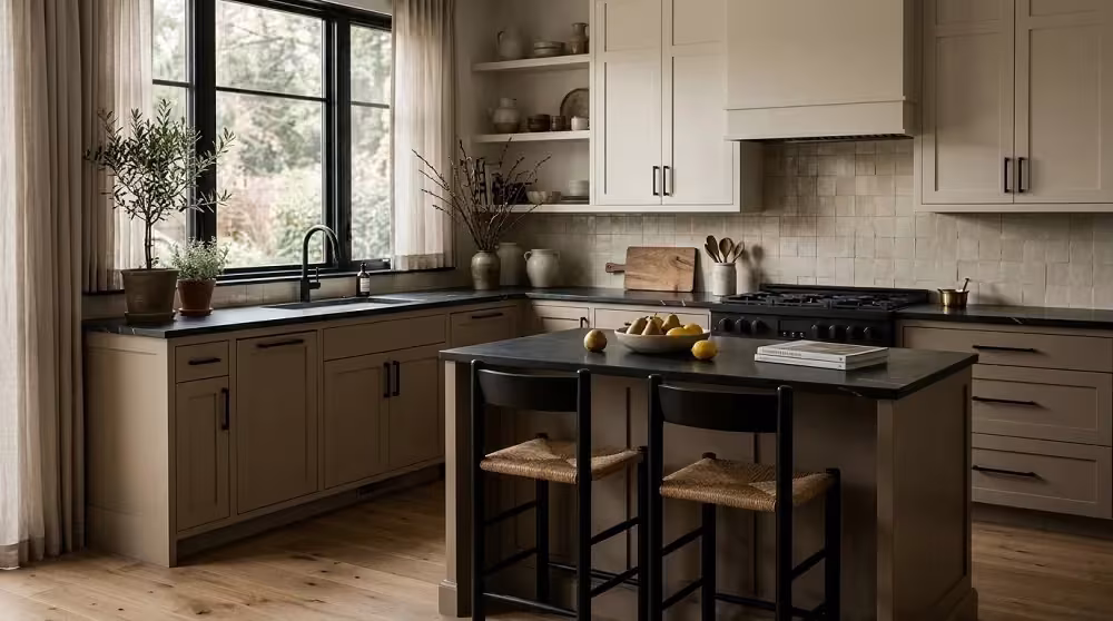 Cream kitchen with a black island and counter stools