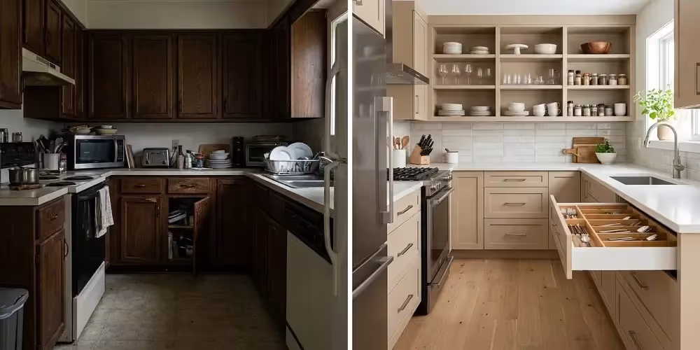Dated dark kitchen beside the same room after functional refacing