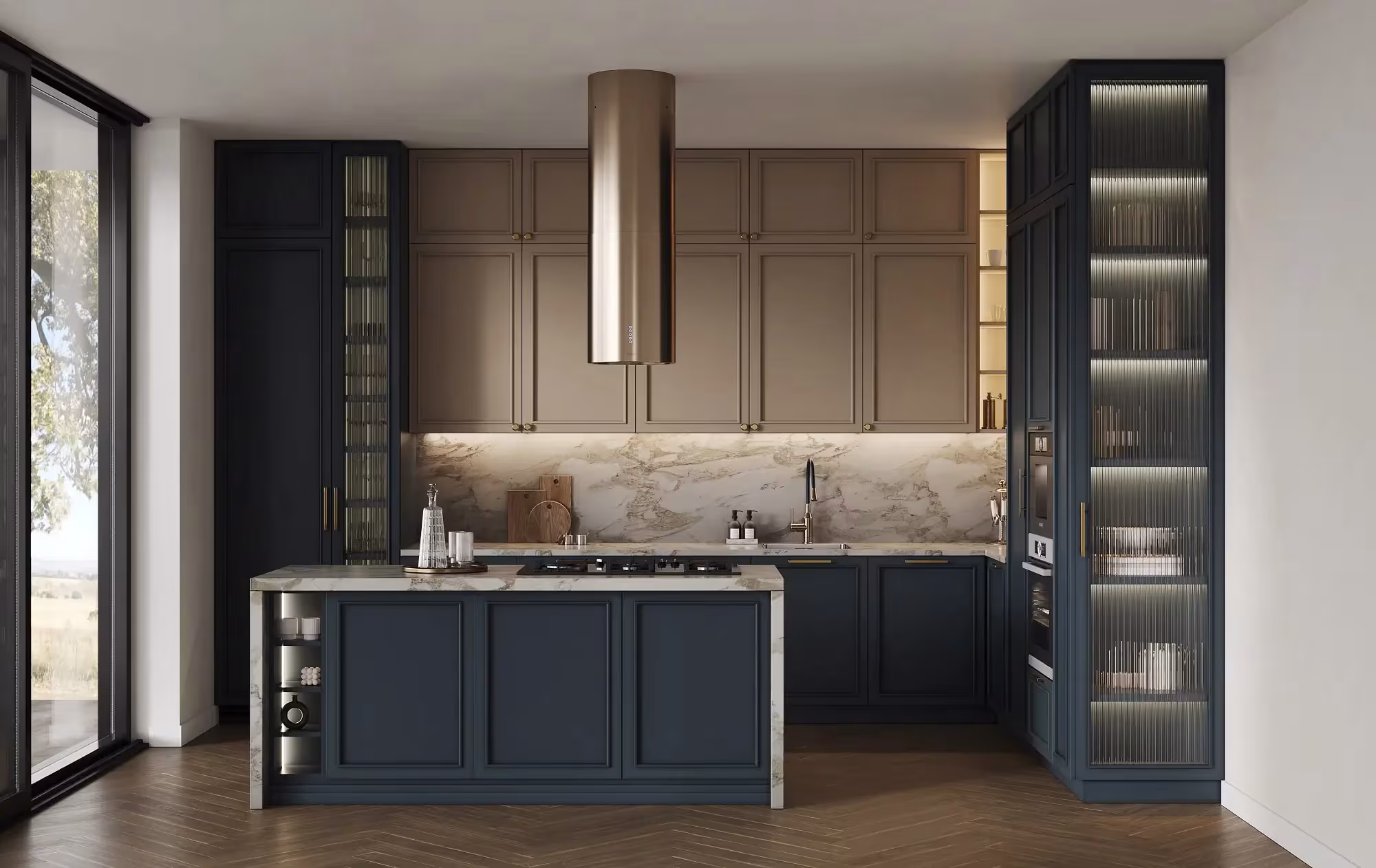 Navy cabinets and a wood range hood in a Skokie kitchen