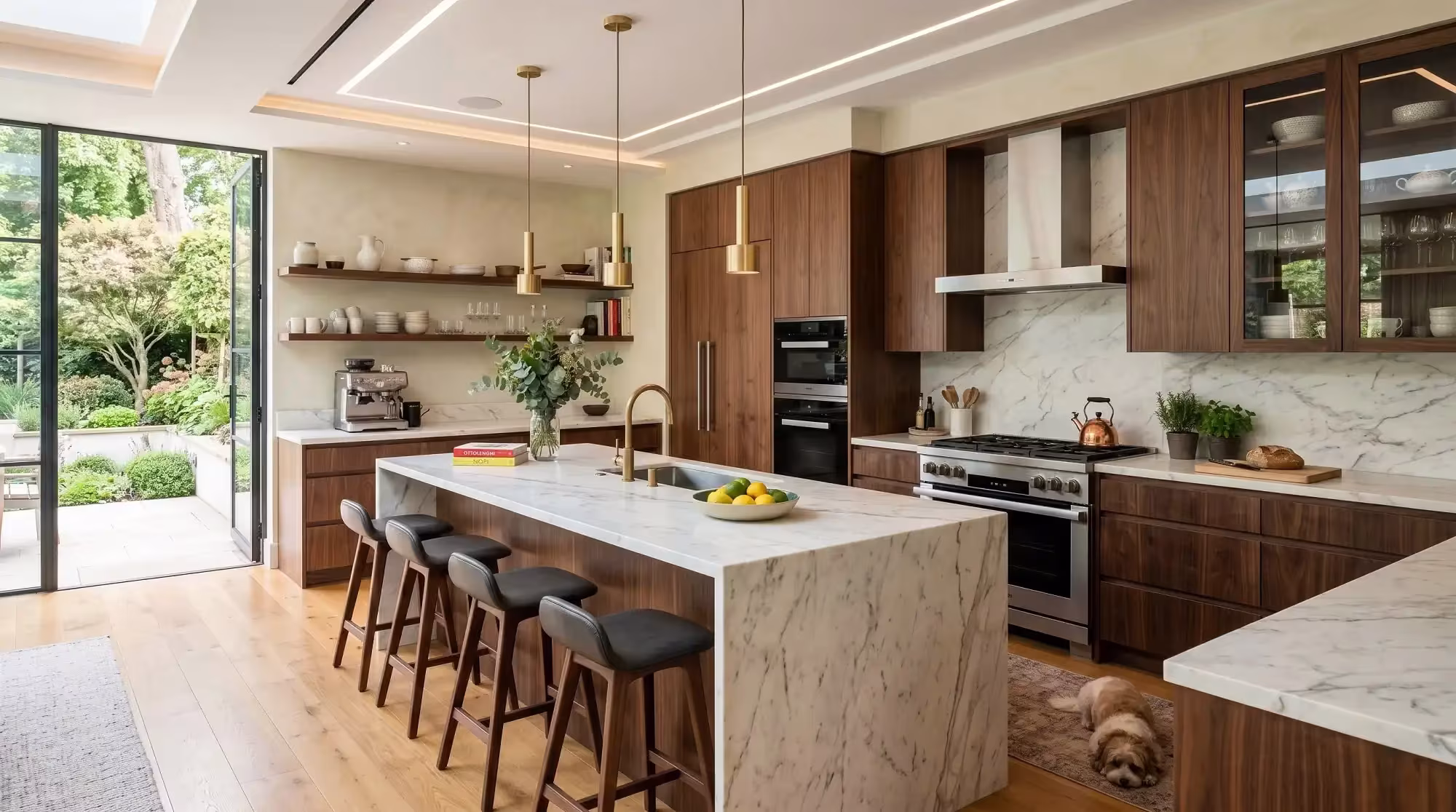 Walnut cabinets and open shelving around a marble island in Glen Ellyn