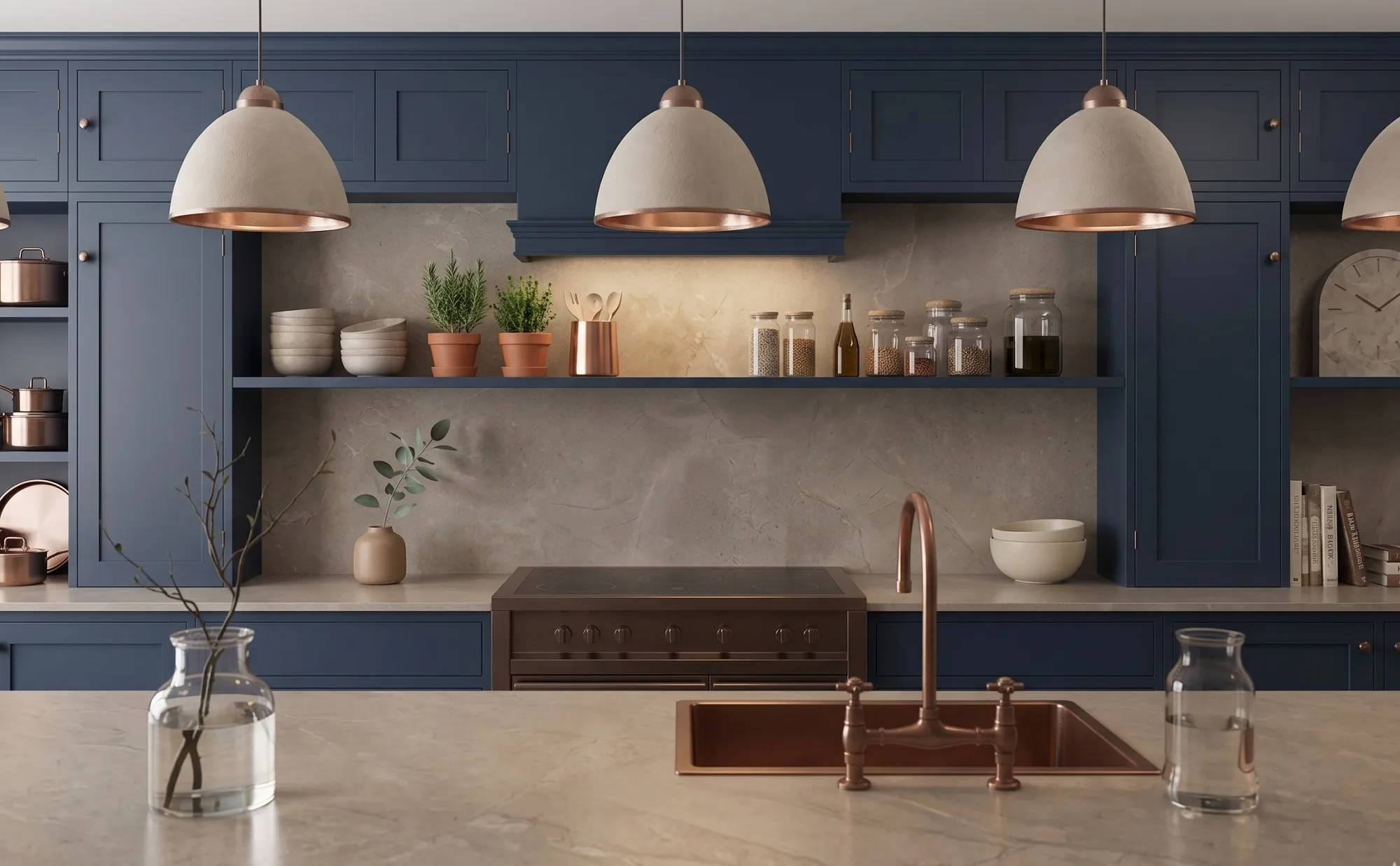 Navy cabinets with open walnut shelving and copper pendants in Bolingbrook