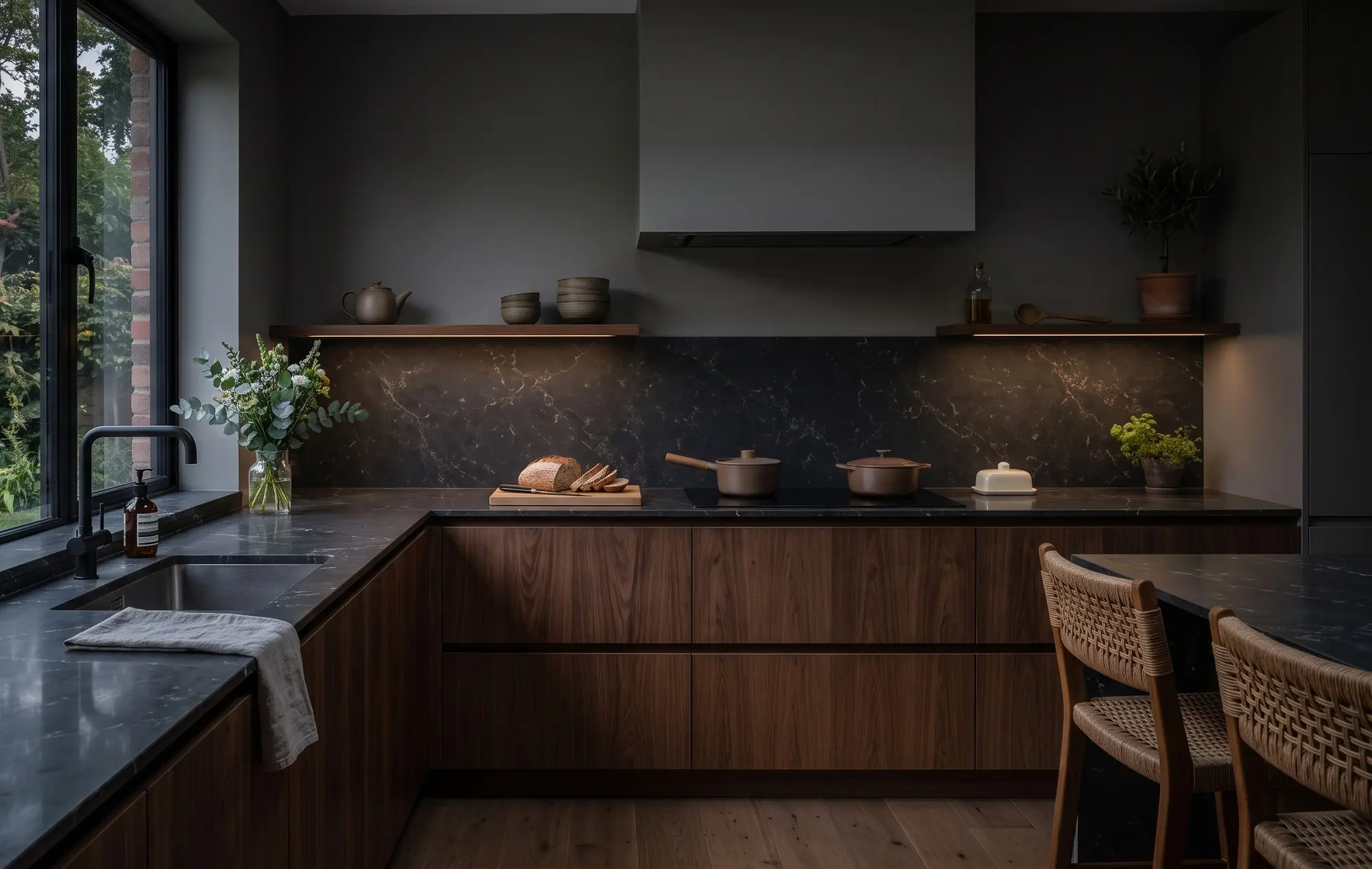 Dark walnut cabinets and black countertops in a Wood Dale kitchen