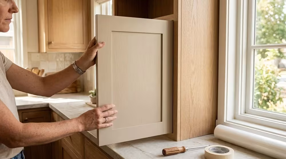 Hands holding a Shaker door against the cabinet frame to compare