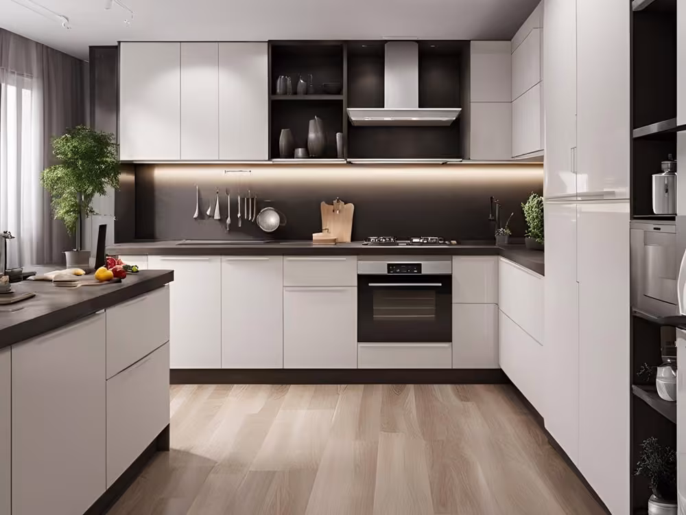 Modern gray and white kitchen with a dark accent shelf after door replacement