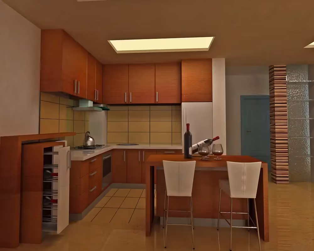 Warm bamboo-toned kitchen with a breakfast bar and stools