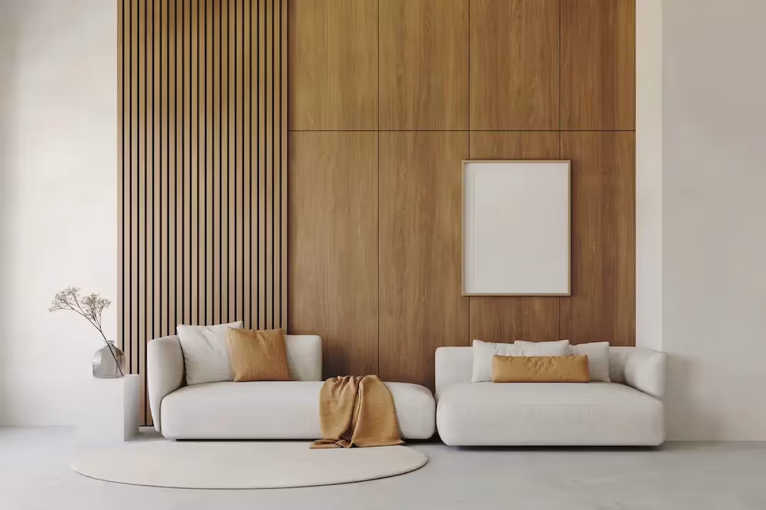 Living room with a warm wood slat accent wall behind the sofa