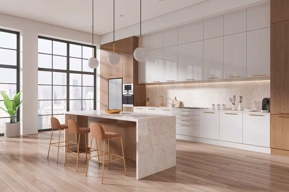 White gloss kitchen with a marble island and wood stools
