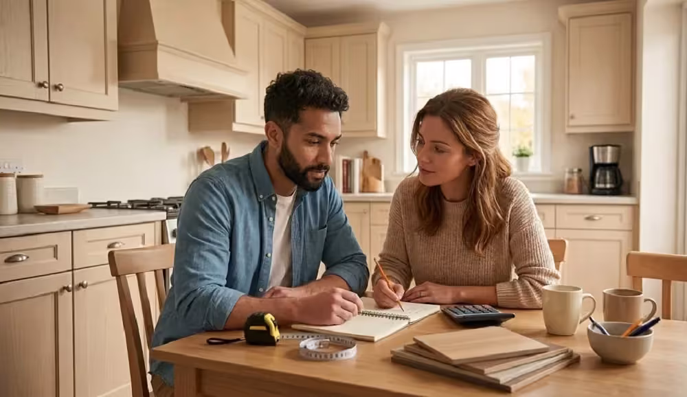 Couple reviewing renovation paperwork at their kitchen table
