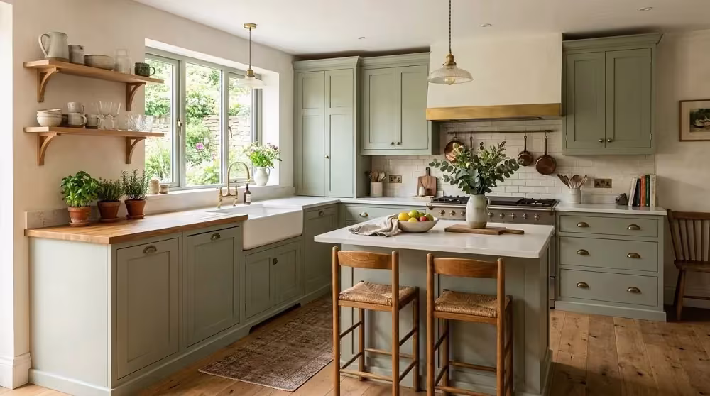 Sage green kitchen with a farmhouse sink and wood island