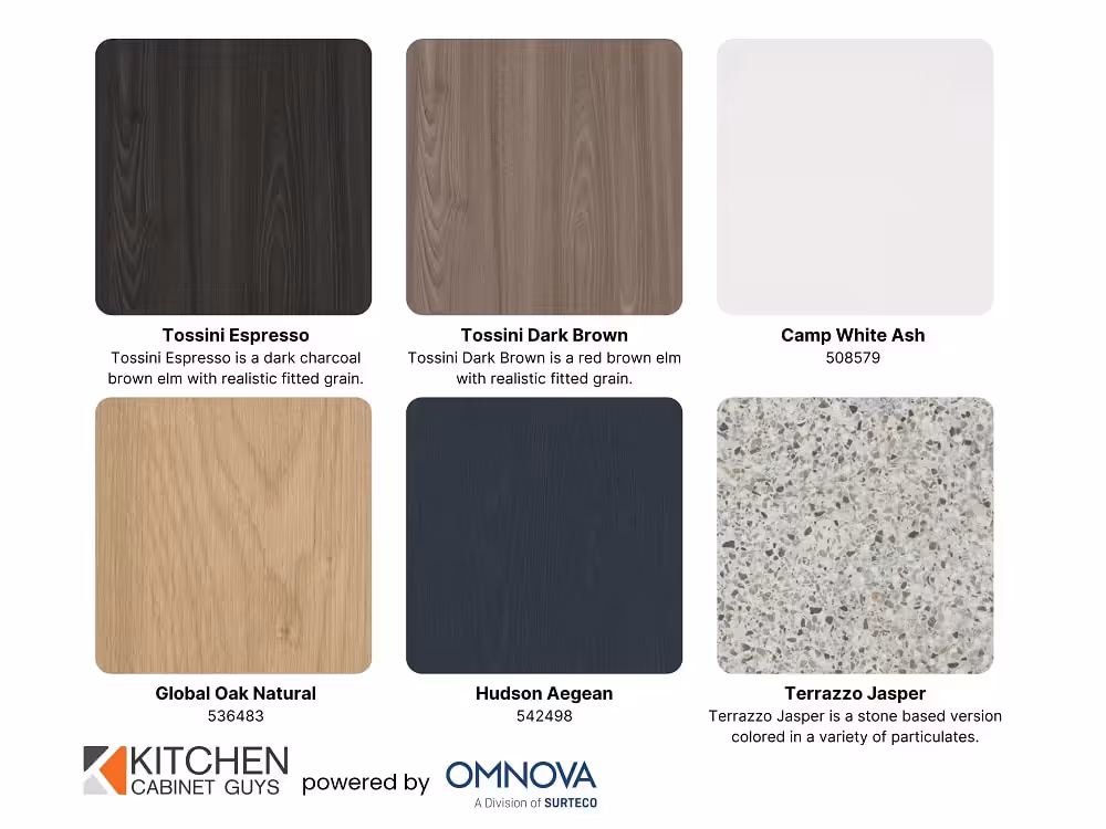 Six-swatch board: Tossini Espresso, Global Oak Natural, Hudson Aegean and Terrazzo Jasper