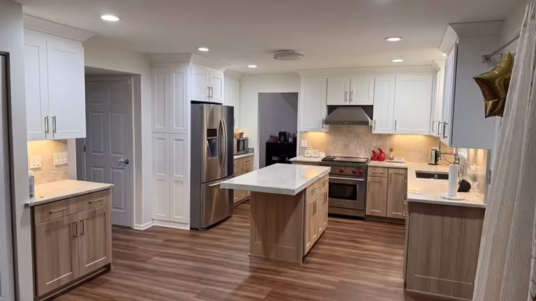 Two-tone white and natural wood kitchen after cabinet refacing