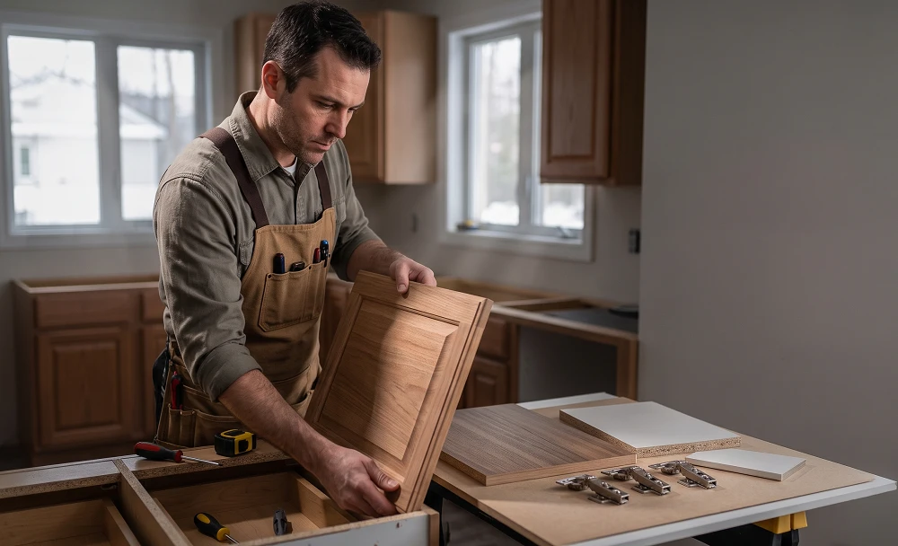 Craftsman preparing a cabinet door on a workshop bench