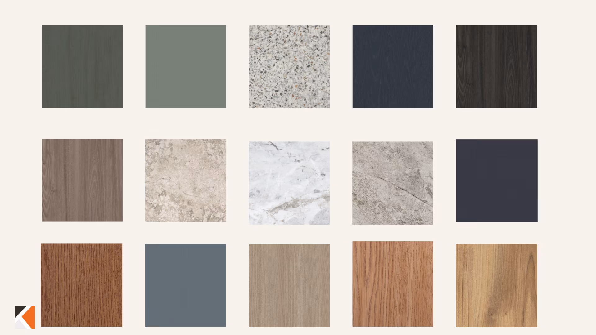 Fifteen cabinet finish samples: wood grains, solid colors and stone patterns