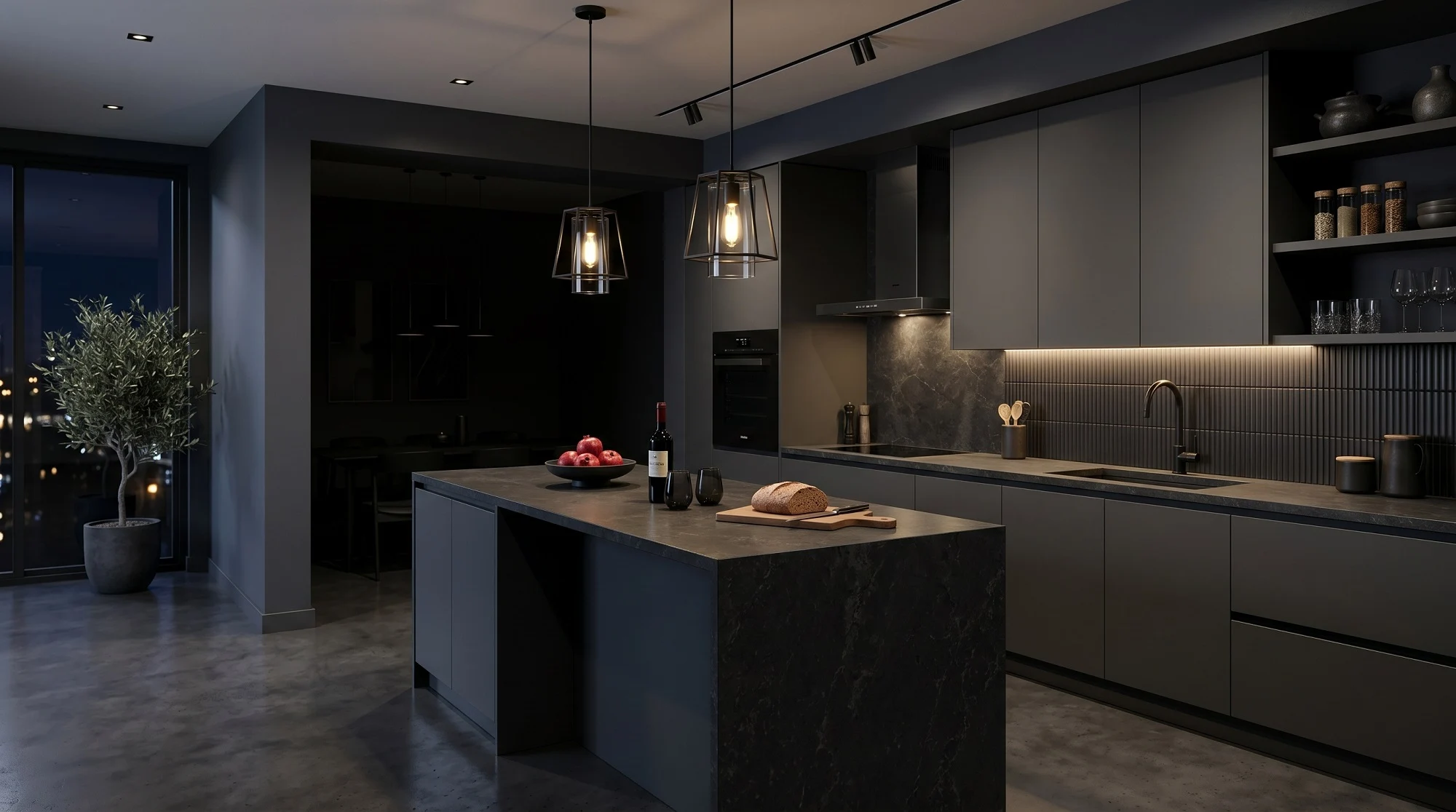 Charcoal cabinets and a dark island under pendant lights in Hinsdale