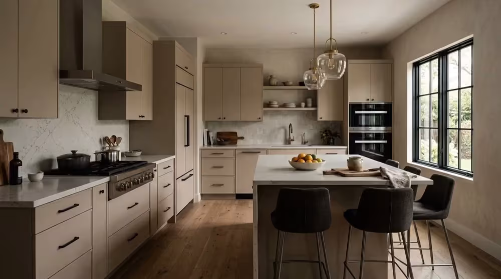 White and taupe kitchen with an island and black counter stools