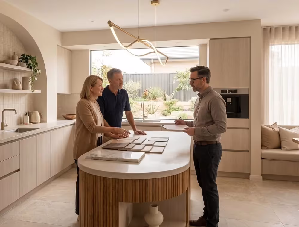 Three people reviewing plans at a curved kitchen island