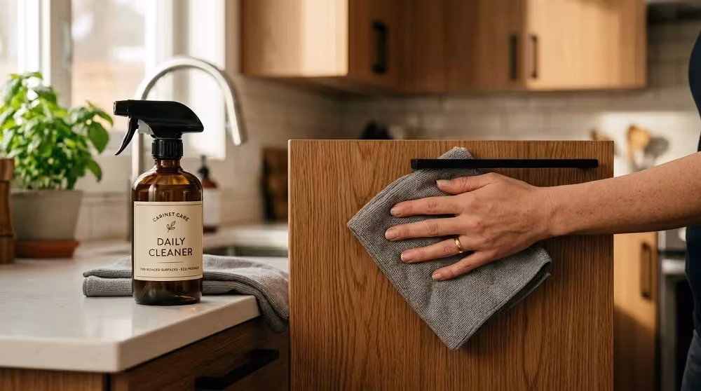 Hand wiping a woodgrain cabinet door with a soft cloth