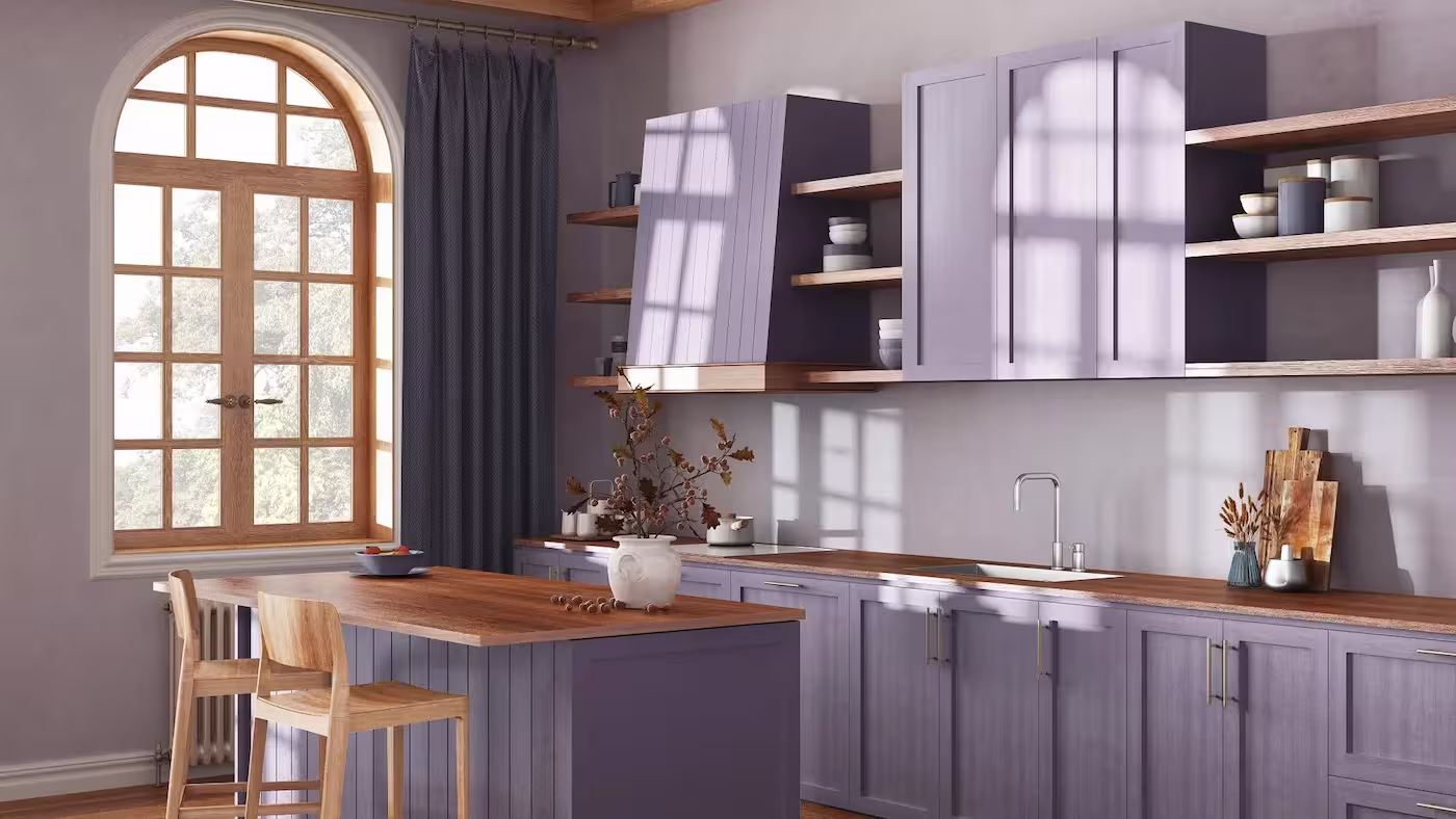 Lavender cabinets and open shelving beneath an arched window