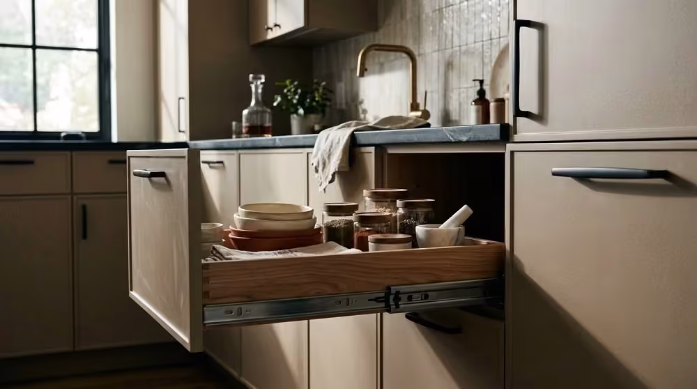 Pull-out cutting board and storage drawer in a cream kitchen