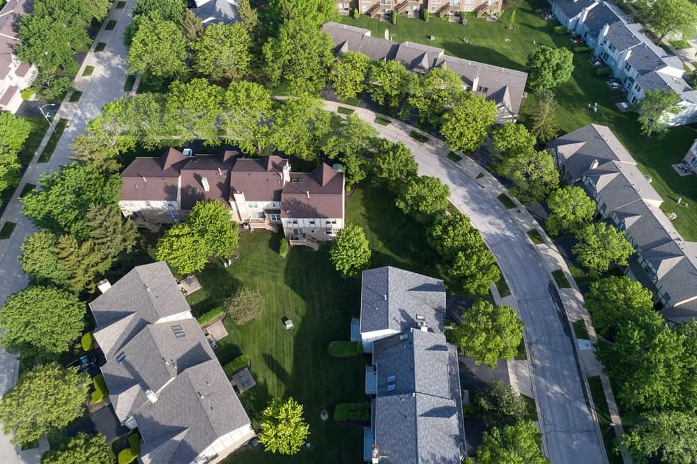 Aerial view of curving Evanston streets and houses among mature trees