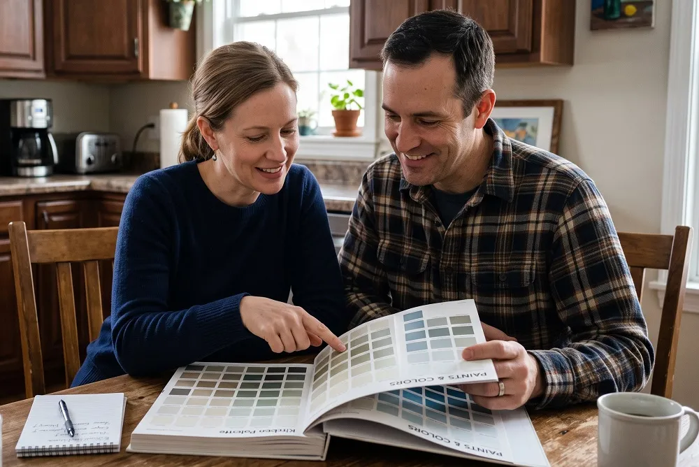 Couple choosing cabinet colors from a paint swatch book at a kitchen table