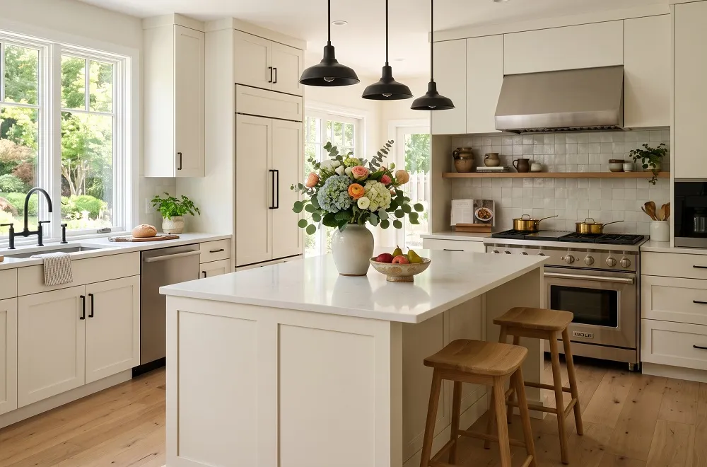 Off-white shaker cabinets and island with black pendant lights and a stainless range