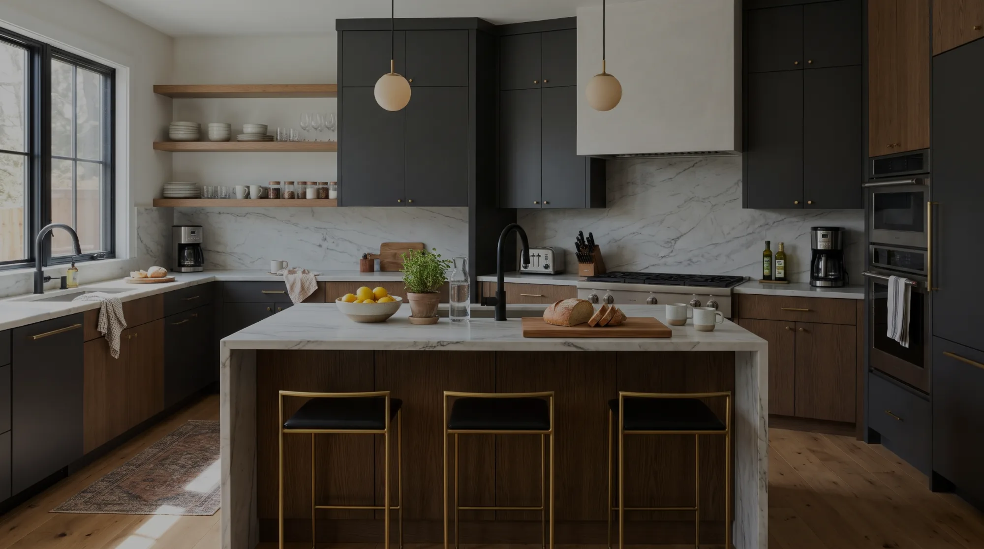 Matte charcoal and walnut cabinets with a white marble waterfall island and brass bar stools