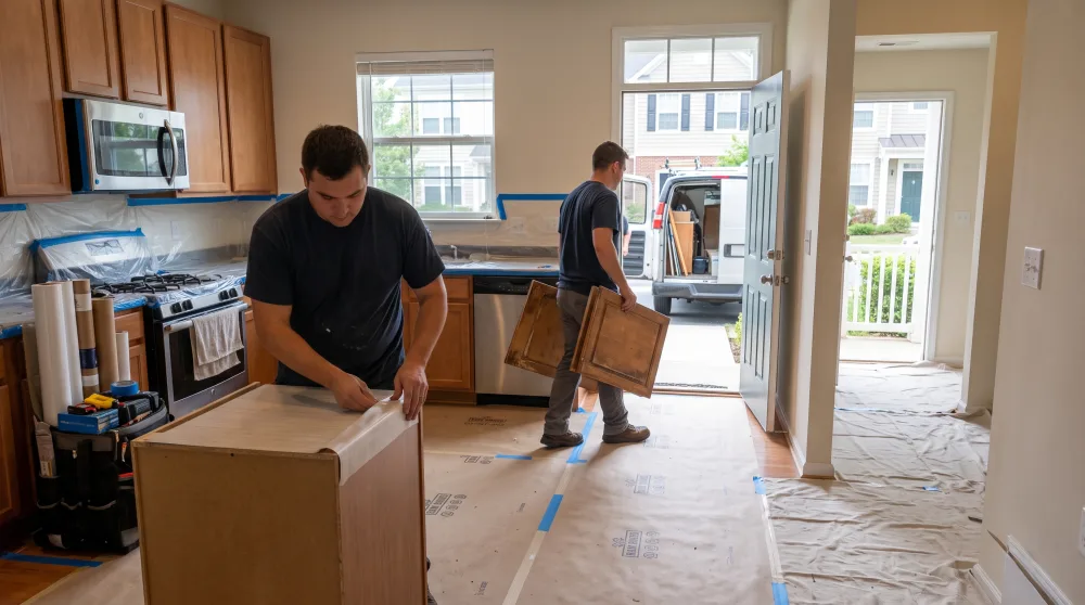 Installer wrapping a cabinet in laminate over covered floors as a crewmate carries old doors out to the van